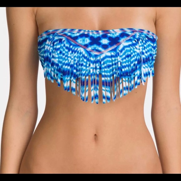 Hobie Azul Halter Bandeau Bikini Top Sz XL Convertible Blue Tie Dye Fringe New - Picture 1 of 3
